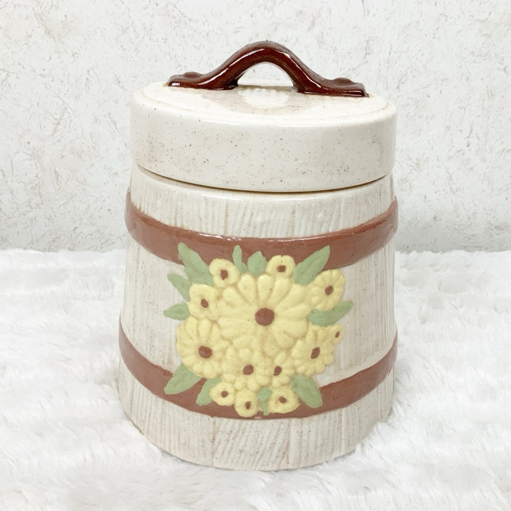 Vintage Floral Ceramic Barrel Cookie Jar Canister Cottagecore Farmhouse Small